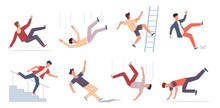 Falling People. Danger Caution Wet Floor, Falling Down Stairs, Slipping, Stumbling And Downfall Injured Man, Beware Accidents Safety Vector Flat Cartoon Isolated Unbalanced Characters