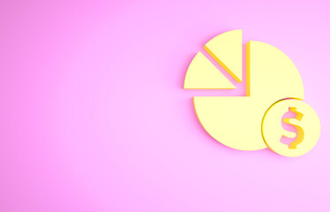 Sticker - Yellow Pie chart infographic and dollar symbol icon isolated on pink background. Diagram chart sign. Minimalism concept. 3d illustration 3D render.