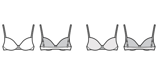 Wall Mural - Bra front closure lingerie technical fashion illustration with full adjustable shoulder straps, molded cups. Flat brassiere template front back white color style. Women men unisex underwear CAD mockup