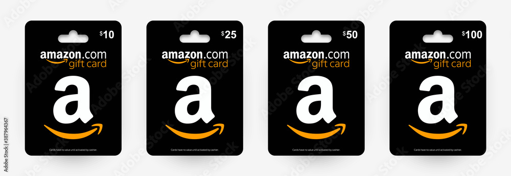 Gift card Amazon 10$, 25$, 50$, 100$. Black Amazon gift card with shadow isolated on light background. Vector illustration EPS10