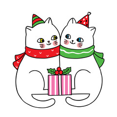 Wall Mural - Hand draw cartoon cute Merry Christmas, Couple cats and gift boxes vector.