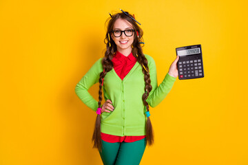 Photo of positive girl with pencil hairstyle hold calculator wear shirt pants isolated bright color background