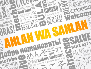 Ahlan Wa Sahlan (Welcome in Arabic) word cloud concept background