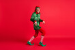 Full body profile side photo of crazy naughty elf sneak x-mas copyspace wear christmas headwear isolated on shine color background