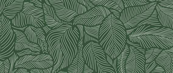 Wall Mural - Luxury Nature green background vector. Floral pattern, Golden split-leaf Philodendron plant with monstera plant line arts, Vector illustration.