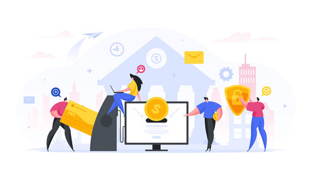 Poster - People safely deposit and withdraw money from online bank account vector concept