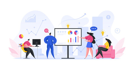Poster - team of people evaluate infographic annual report cartoon concept. female and male characters are an
