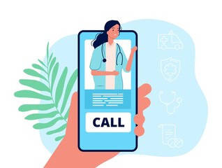 Sticker - Telemedicine. Hand holding phone, medical mobile service. Remote doctor consultation vector concept. Illustration doctor online, consultation and care remote