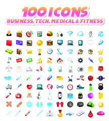 Poster - Set of 100 Realistic High Quality Colorful Icons on White Background . Isolated Vector Elements