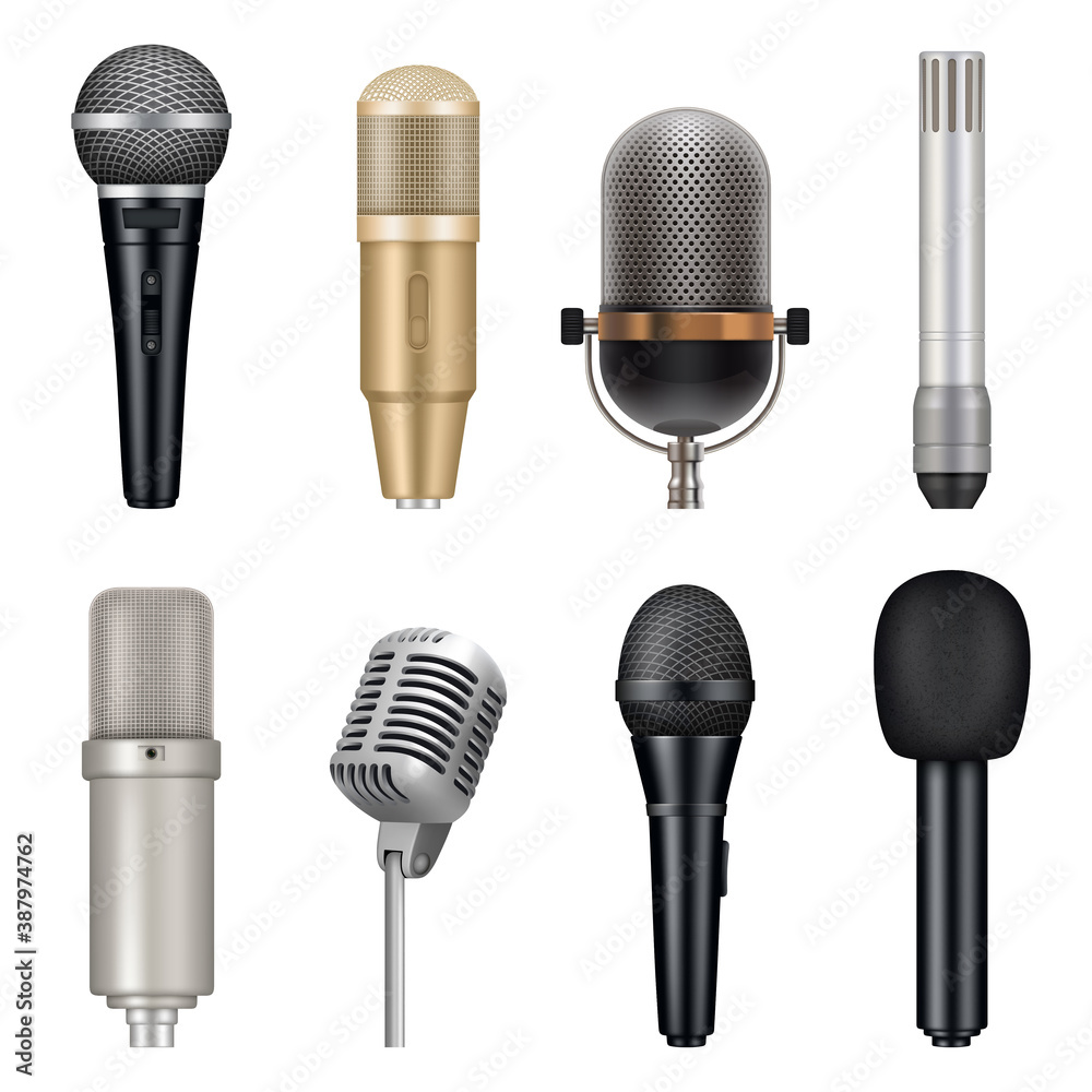 Microphones realistic. Audio studio equipment for singing and talking vector templates set. Studio karaoke tools, speech entertainment vocal mic for record illustration - obrazy, fototapety, plakaty 