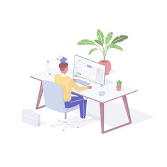 Poster - Office manager working with cloud service isometric illustration. Male character at computer connects remote online storage.