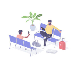 Poster - People in public place using wi fi isometric vector. Male characters with smartphone and tablet connect to web wirelessly.