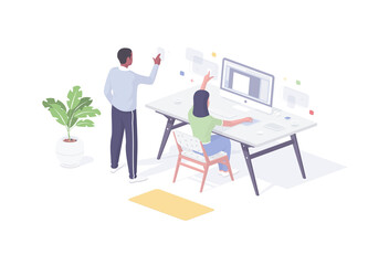 Poster - People work with augmented reality panels isometric illustration. Male and female characters programmed using innovative online displays.