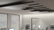 Acoustic Noise Reduction Panels Made Of Wood Wool Fibres Mounted At The Ceiling Of An Office For Acoustic Insulation 2 Close View Of The Mounted Ceiling