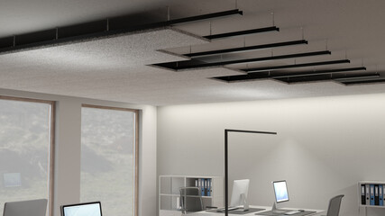 Acoustic noise reduction panels made of wood wool fibres mounted at the ceiling of an office for acoustic insulation 2 close view of the mounted ceiling