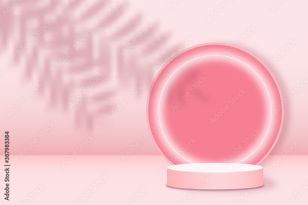 Realistic pink platform with palm leaves overlay shadow. Round stage with empty pedestal and neon light circle. 3d podium for product display show or place for presentation. Vector. - obrazy, fototapety, plakaty 