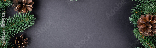 Fotomural Pine cones with fir branches on black background, new year concept, banner