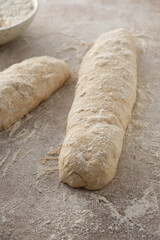 Wall Mural - Raw baguette dough with whole grain rye flour. Copy space.