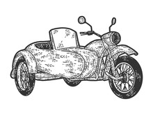 Motorcycle With A Sidecar. Engraving Raster Illustration. Sketch Scratch Board Imitation.