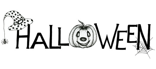 Halloween background, hand drawn black Halloween text art isolated on white, black Halloween concept, Halloween word template