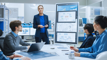 Aufkleber - Modern Industrial Factory Meeting: Confident Female Engineer Uses Interactive Whiteboard, Makes Report to a Group of Engineers, Managers Talks and Shows Concept of Sustainable Eco-Friendly Engine