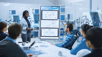 Poster - On a Meeting Chief Industrial Engineer Reports to a Group of Specialists, Managers, Uses Digital Whiteboard to Show Statistic, and New Eco Friendly Engine Concept. Sustainable Green Energy Research