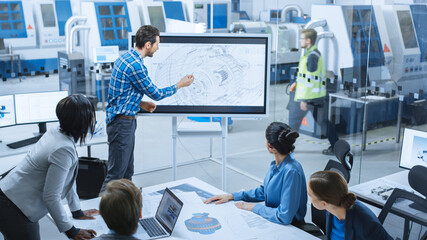 Aufkleber - Modern Factory Office Meeting Room: Busy Diverse Team of Engineers, Managers and Investors Talking at Conference Table, Use Interactive TV, Analyze, Find Solutions, Debate and Discuss Engine Concept