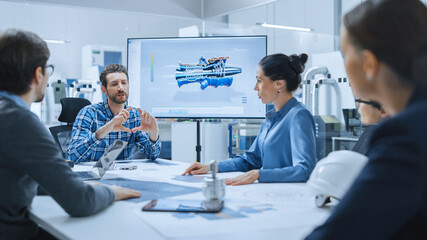 Poster - Modern Factory Office Meeting Room: Diverse Team of Engineers, Managers and Investors Talking at Conference Table, Use Interactive TV, Analyze Sustainable Energy Engine Blueprints. High-Tech Facility