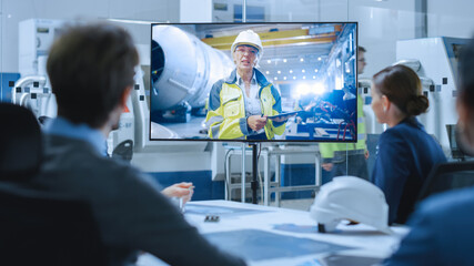 Poster - Diverse Group of Specialists, Managers in the Factory Office Meeting Room, Have Conference Video Call with Factory Chief Female Engineer, She Talks about Production Growth, Uses Tablet Computer