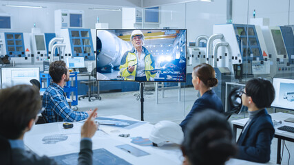 Poster - Diverse Group of Specialists, Managers in the Factory Office Meeting Room, Have Conference Video Call with Factory Chief Female Engineer, She Talks about Production Growth, Uses Tablet Computer