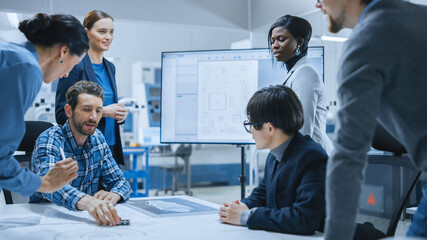 Aufkleber - Busy Diverse Team of Computer Engineers and Specialists Gather Around Conference Table, They Discuss Project Drafts and Blueprints, Find Problem Solutions. Electronic Technology Factory Meeting Room