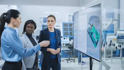 Aufkleber - All-Female Team: Concept Developer, Computer Engineer and Manager Use Digital Interactive Whiteboard That Shows 3D Printed Circuit Board Concept. Developers Find Problem Solution. Factory Meeting Room