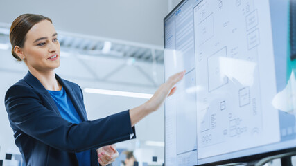 Aufkleber - Female Concept Developer Use Digital Interactive Whiteboard That Shows 3D Printed Circuit Board Concept. Developers Find Problem Solution. Factory Meeting Room