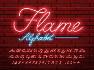 Wall Mural - Glowing neon light alphabet design with uppercase, lowercase, numbers and symbol