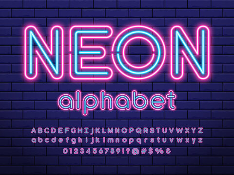 Glowing neon light alphabet design with uppercase, lowercase, numbers and symbol