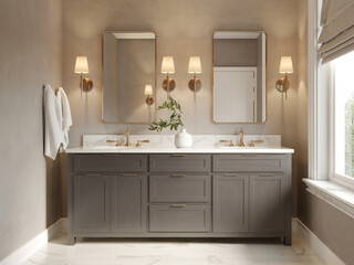 Wall Mural - 3d classic luxury contemporary chic beige  bathroom with two rectangle brass mirrors and a dark wood cabin	
