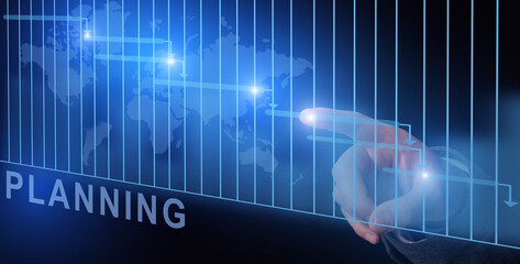 Poster - Planning Concept. Businessman hand touching virtual screen with Gantt chart, creative collage