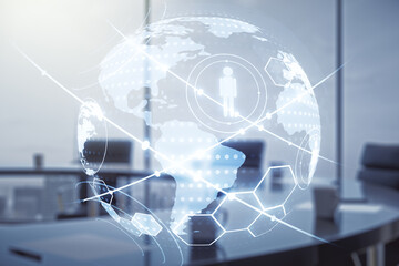 Virtual social network hologram and world map on a modern conference room background. Multiexposure