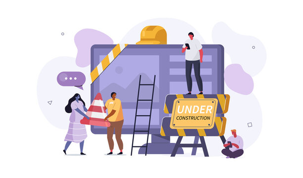 People Characters Standing near Computer and Developing Web Site. Woman and Man placing Barrier Symbol. Coming Soon and Website is Under Construction Concept Page. Flat Cartoon Vector Illustration.