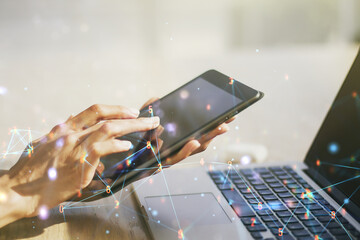 Aufkleber - Creative abstract wireless technology hologram and finger presses on a digital tablet on background, artificial intelligence and machine learning concept. Multi exposure