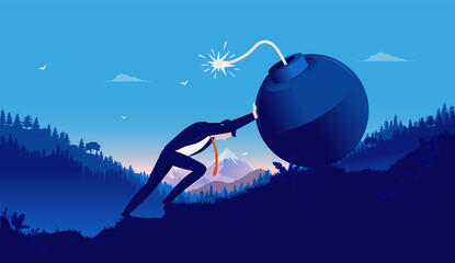 Wall Mural - Dangerous task and risk - Business man pushing lit bomb up hill with landscape in background. Risky business and overcome adversity concept. Vector illustration.