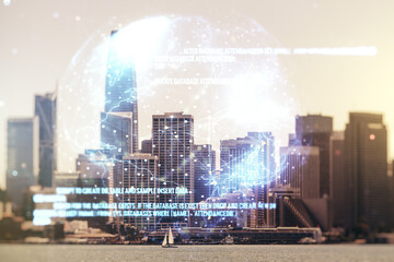 Poster - Abstract virtual coding illustration and world map on San Francisco cityscape background, international software development concept. Multiexposure