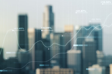 Poster - Multi exposure of creative statistics data hologram on blurry cityscape background, stats and analytics concept