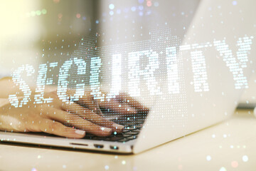 Aufkleber - Cyber security creative concept with hands typing on computer keyboard on background. Double exposure