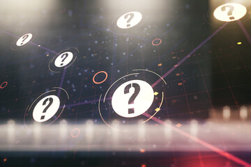 Aufkleber - Abstract virtual question mark sketch on contemporary business center exterior background, FAQ and research concept. Double exposure
