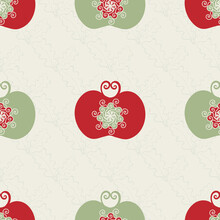 Stylized Red And Green Apple Seamless Vector Pattern Background. Luxury Orchard Fruit In Jacobean Style On Neutral Beige Backdrop. Spacious Folk Art Baroque Design Style. Historical All Over Print