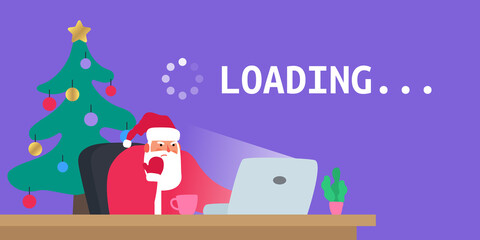 sitting angry santa claus using laptop and waiting loading page christmas time