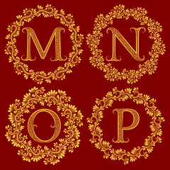 Wall Mural - M, N, O, P vintage monograms in floral wreath. Golden monograms in baroque style on maroon background.