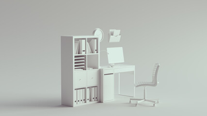 White Home Office Small Desk and Shelves Simple Setup 3d illustration 