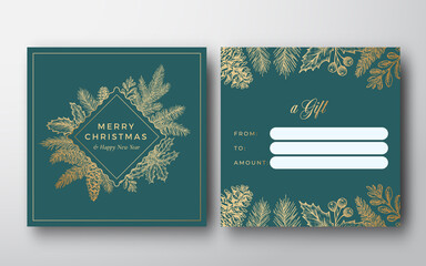 Canvas Print - Merry Christmas Abstract Vector Greeting Gift Card Background. Back and Front Design Layout with Classy Typography. Sketch Frame Emblem Pine Twigs with Strobile, Holly and Mistletoe. Isolated